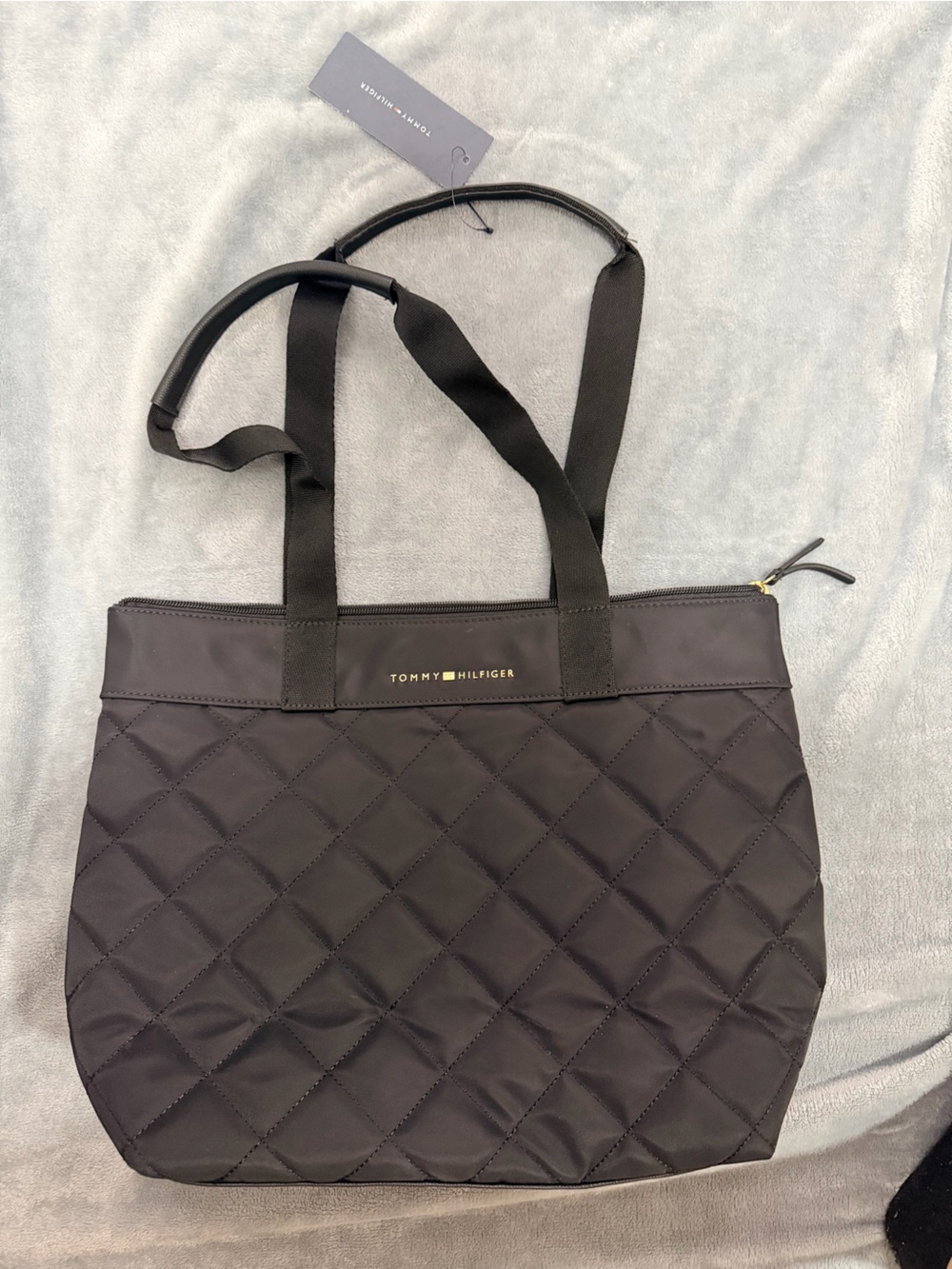 Tommy Hilfiger Black Quilted Tote with Gold Logo